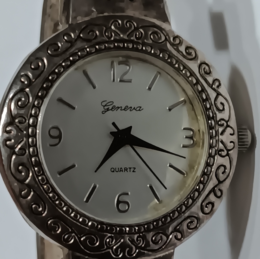 VIintage Geneva Quartz Watch with Ornate Silver Bezel